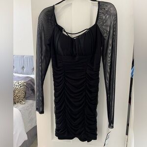 Sexy Black Bodycon Mesh-Sleeve Dress